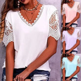 Lace Tops Women Loose V Neck Short Sleeve Casual Shirts for Summer - Himpall